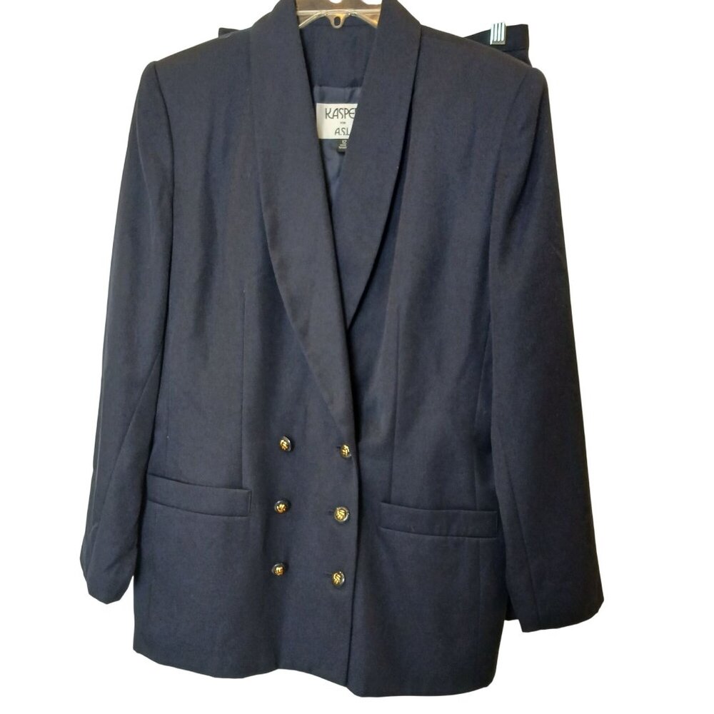 VTG Kasper 2-Pc Navy Blazer Skirt Gold Buttons Sz 12 Polyester Blend Lined #L-49